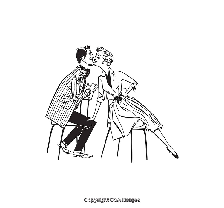 Vintage Style Line Art Illustration of a Romantic Seated Couple