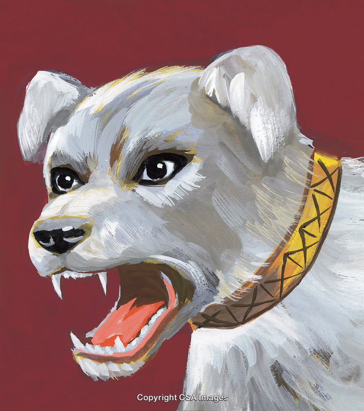Expressive Painting of Fierce White Dog with Sharp Teeth and Red Background