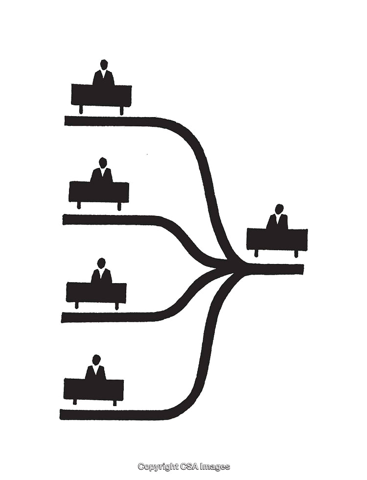 Black and White Line Art Depicting Organizational Structure with Business Figures