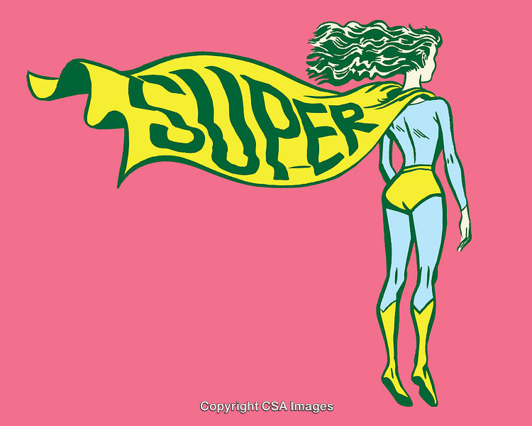 Superhero Woman Illustration with Flowing Yellow Cape on Pink Background