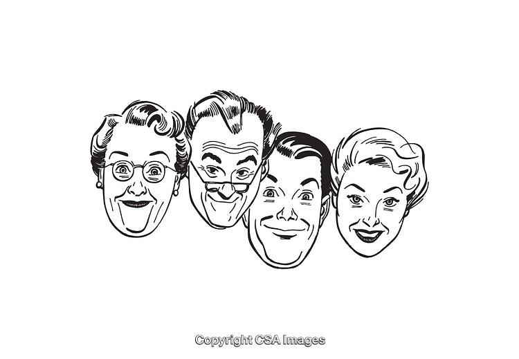 Black and White Line Art Illustration of Smiling Vintage Characters