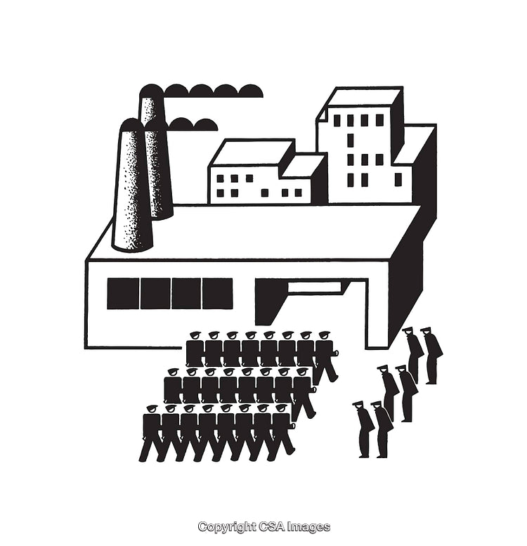 Black and White Industrial Line Art with Workers in Motion