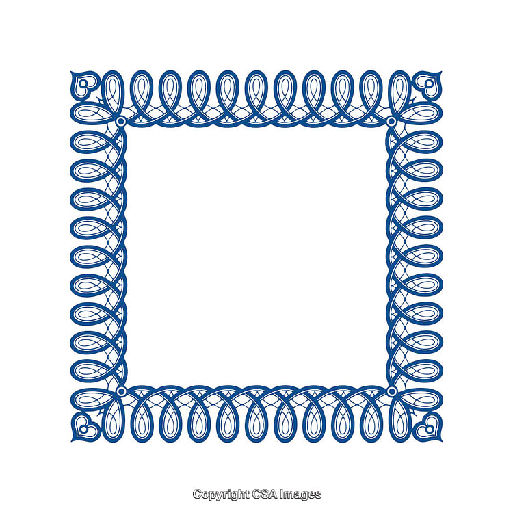 Blue Decorative Ornamental Frame with Intricate Swirl Patterns on White Background