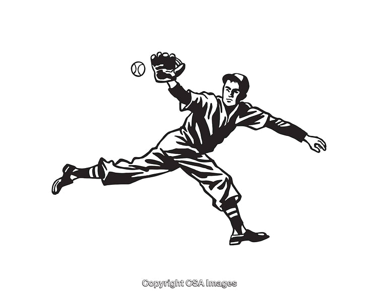 Vintage Line Art of a Baseball Player Catching a Ball