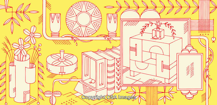 Stylized Red Line Art with Geometric and Floral Patterns on Yellow Background