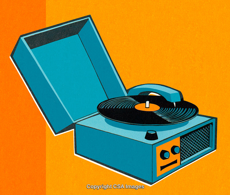 Retro Record Player Artwork in Vibrant Mid-Century Inspired Style