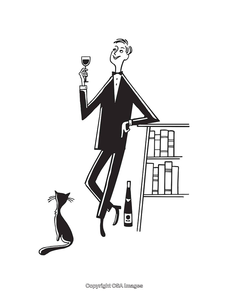 Elegant Gentleman Toasting with Wine Beside Cat and Bookshelf