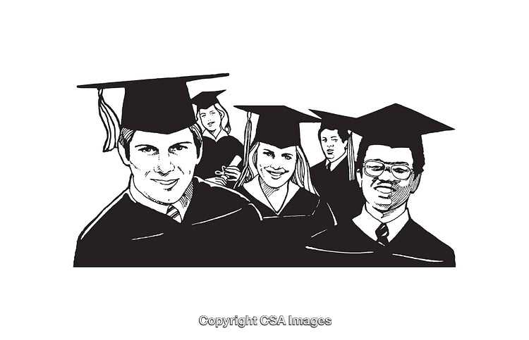 Graduating Students Celebrating Achievement in Black and White Line Art Illustrations