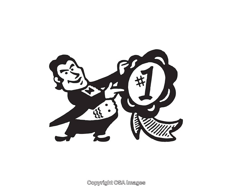 Comedic Retro Style Drawing of Businessman Holding Number One Ribbon