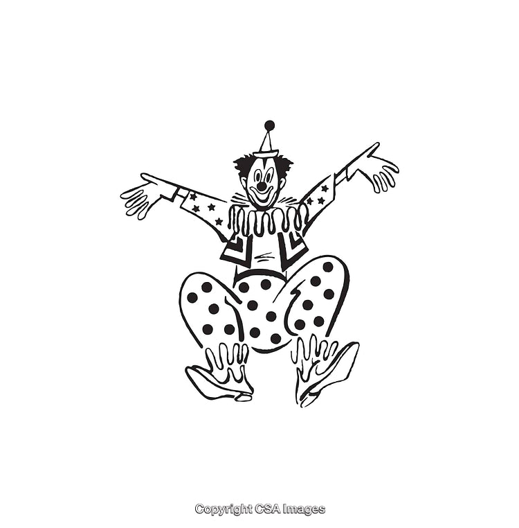 Cheerful Black and White Line Art Illustration of a Playful Clown