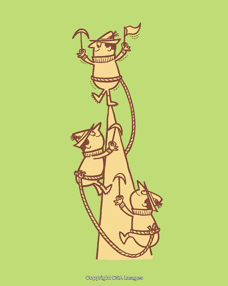 Cartoon Style Line Art Climbers Ascending a Mountain Together