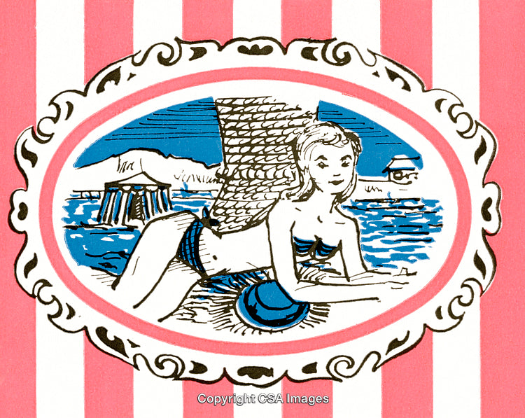 Retro Styled Illustration of a Beach Scene with a Woman Relaxing by the Sea