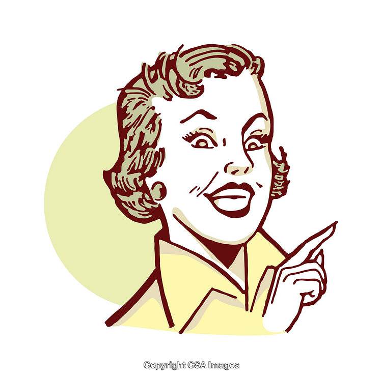 Retro Styled Illustration of a Cheerful Woman Pointing with a Smile