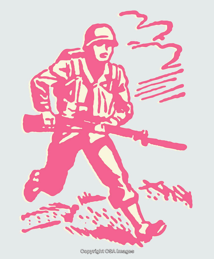 Retro-Styled Line Art of Soldier in Action with Rifle and Helmet