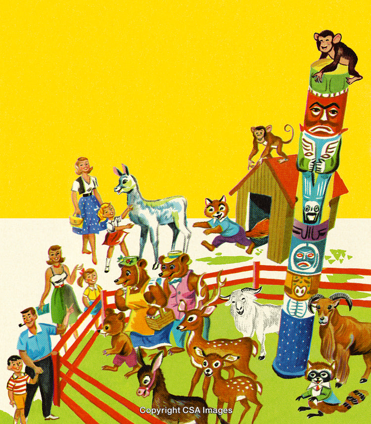 Colorful Illustration of Animals and People Gathered in a Vibrant Setting