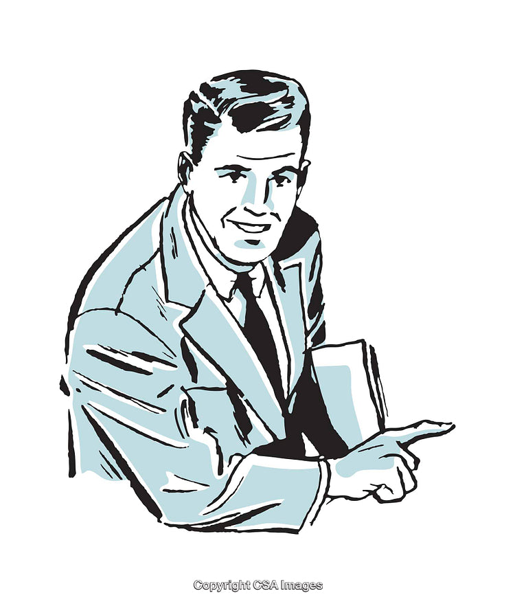 Retro Illustration of a Smiling Businessman in a Suit Pointing with Confidence