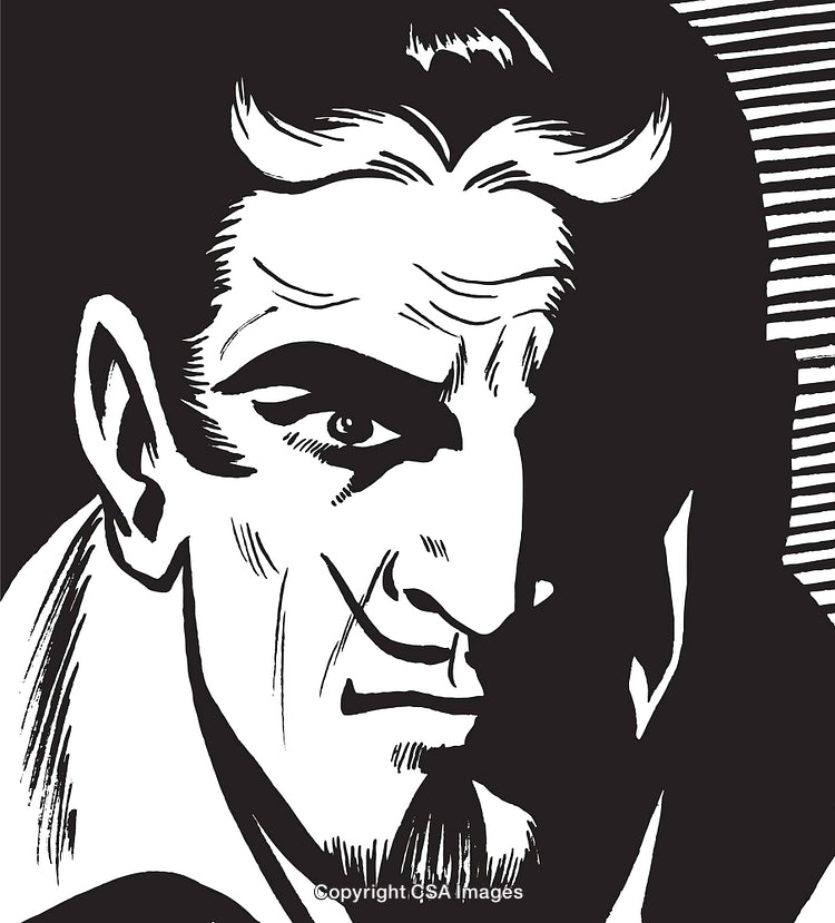 Monochrome Illustration of a Devilish Character in Bold Comic Style
