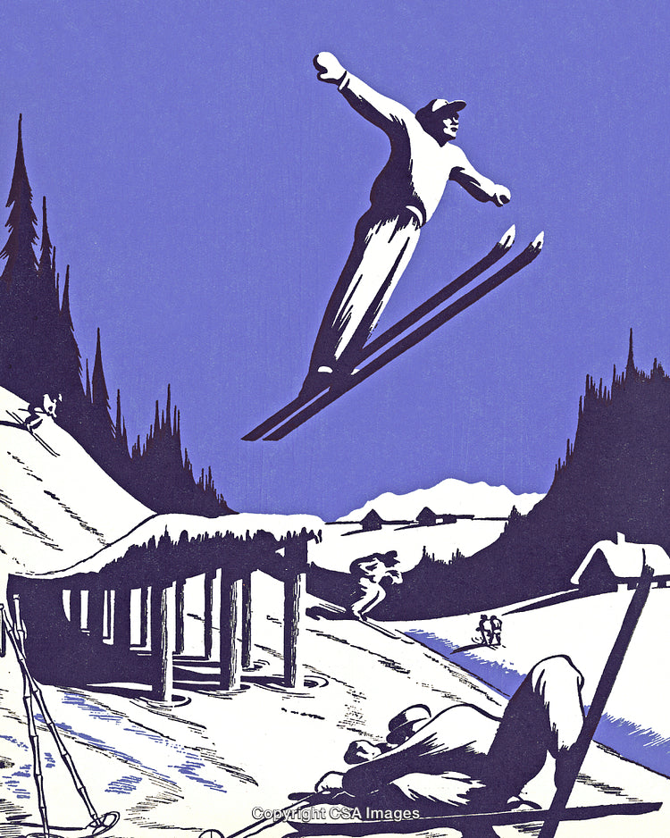 Vintage Illustration of Ski Jumper and Winter Sports Scene