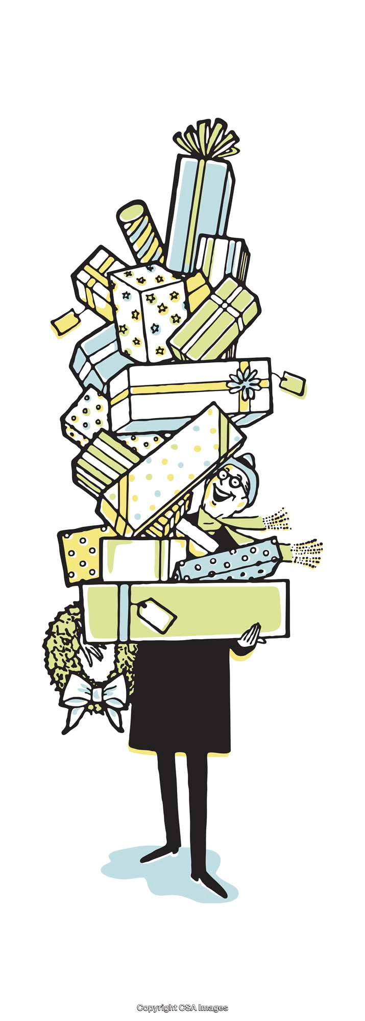 Illustration of a Holiday Shopper Carrying Stacked Colorful Gift Boxes