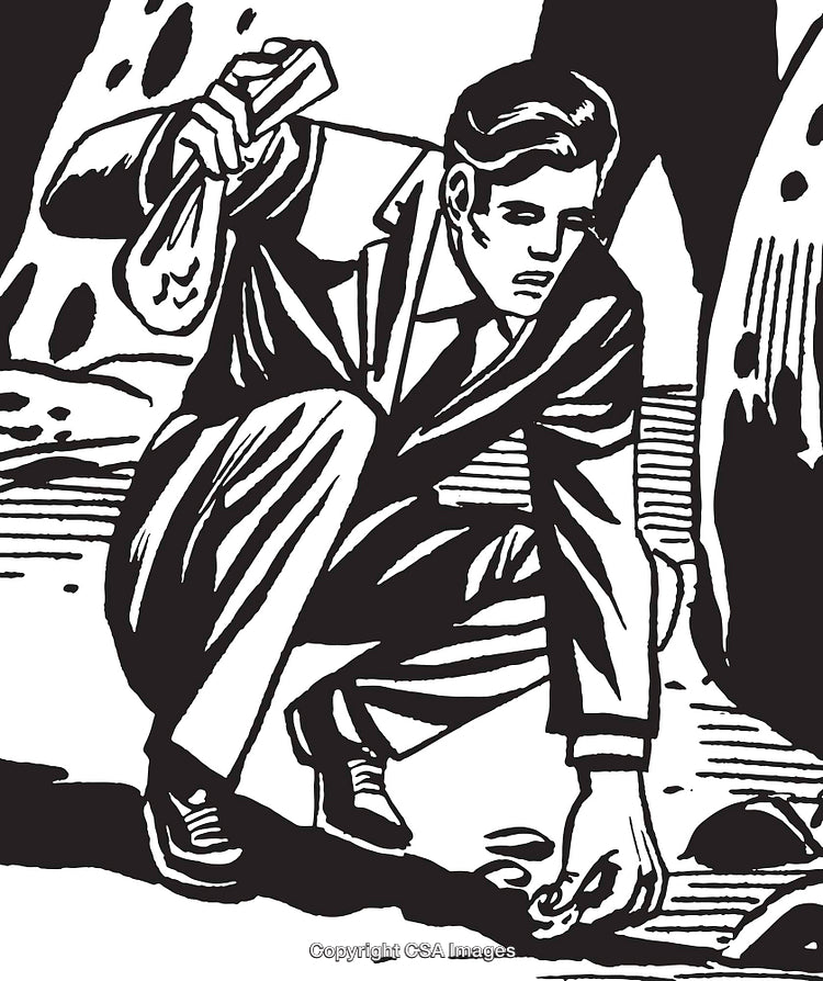 Vintage Illustration of Man Crouching and Picking Something on the Ground