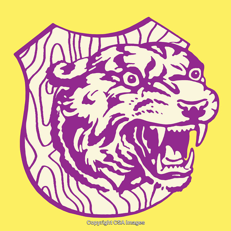 Vivid Purple Tiger Head on Yellow Shield Background Art