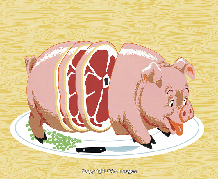 Illustration of a Pig Styled as Slices of Ham with Table Setting