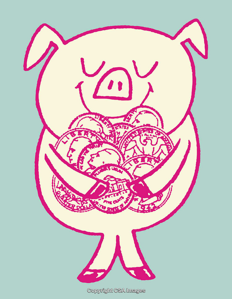 Cute Pig Illustration Hugging Coins in Colorful Line Art Style