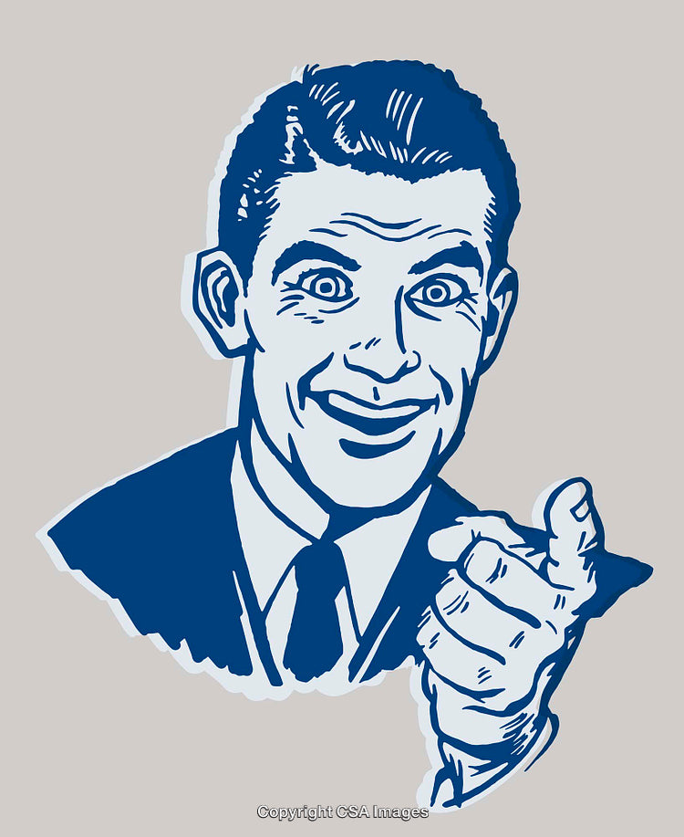 Retro Style Line Art Illustration of Smiling Man Pointing Forwards