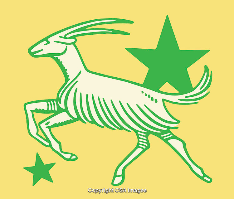 Stylized Goat Illustration with Green Stars on a Yellow Background