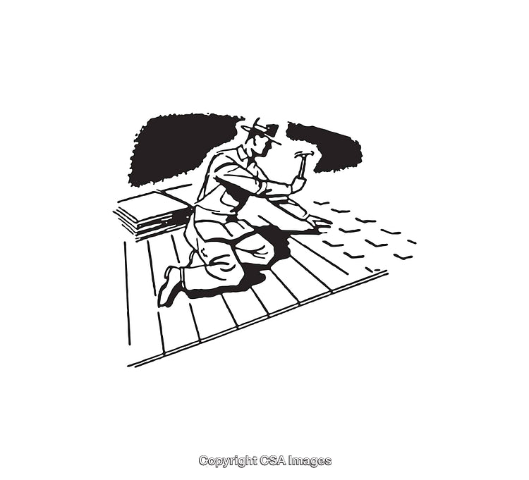 Black and White Line Art of a Man Working on a Roof