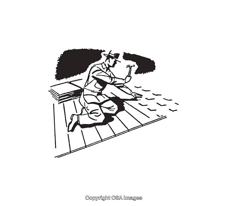 Black and White Line Art of a Man Working on a Roof