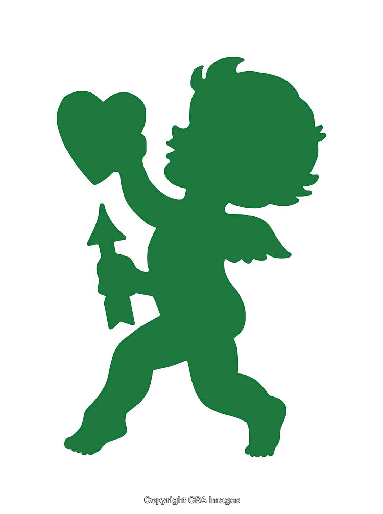 Green Silhouette of a Cupid Holding a Heart and Arrow Icon