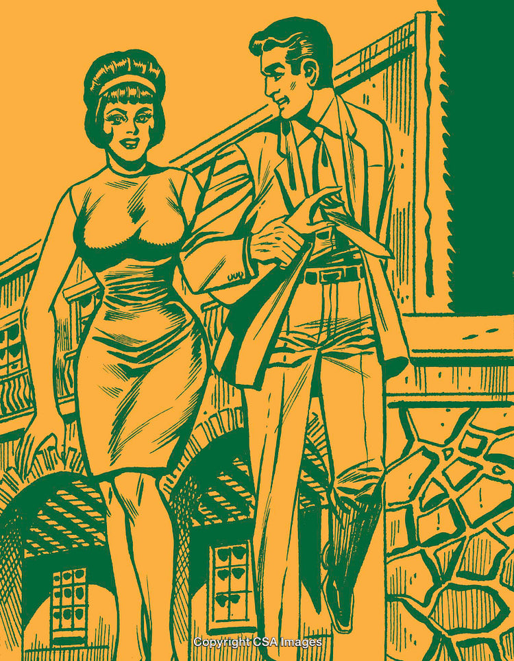 Elegant Couple Walking Together in Vintage Styled Illustration
