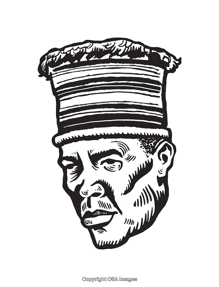 Black and White Line Art of a Traditional Headpiece and Face
