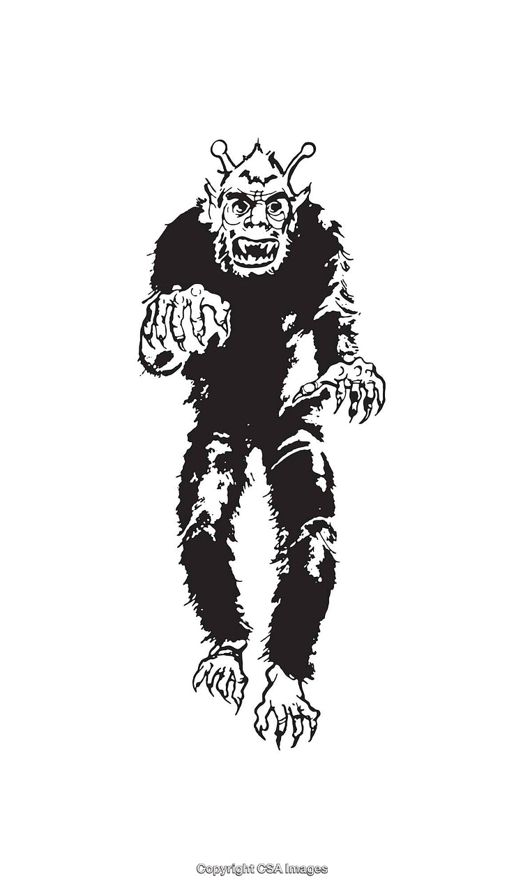 Black and White Illustration of a Fierce Alien Creature with Monstrous Features