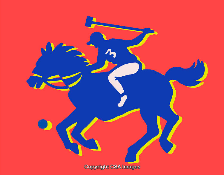 Colorful Polo Player Illustration Featuring Dynamic Line Art Style on Red Background