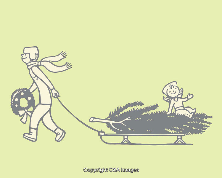Father Pulling Sleigh With Child and Christmas Tree Illustration