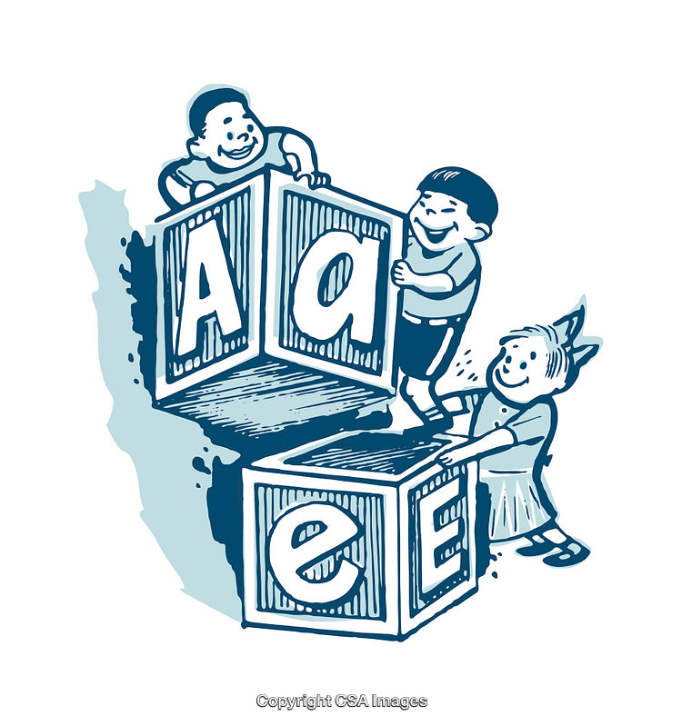 Children Playing with Alphabet Blocks in a Vintage Illustration Style