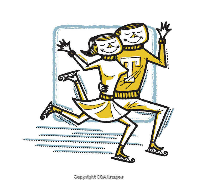 Retro Styled Illustration of a Cheerful Ice Skating Couple in Motion
