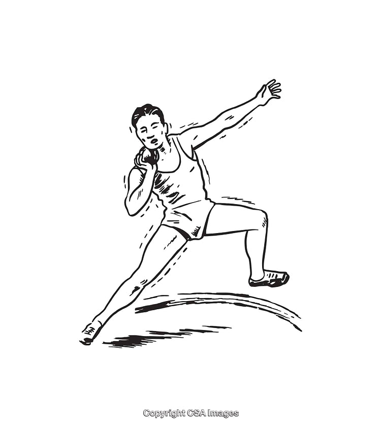 Illustration of Athlete Performing Shot Put in Black and White Line Drawing