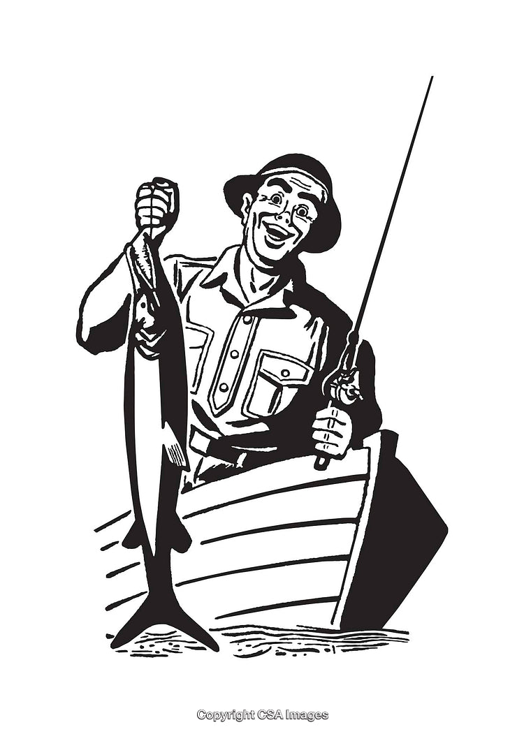 Black and White Illustration of Man Holding Fish in Boat