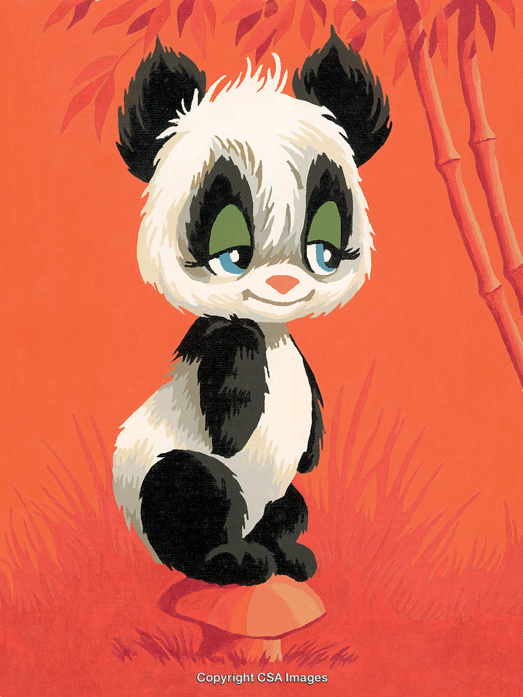 Adorable Baby Panda Illustration in Vintage Paint by Numbers Style