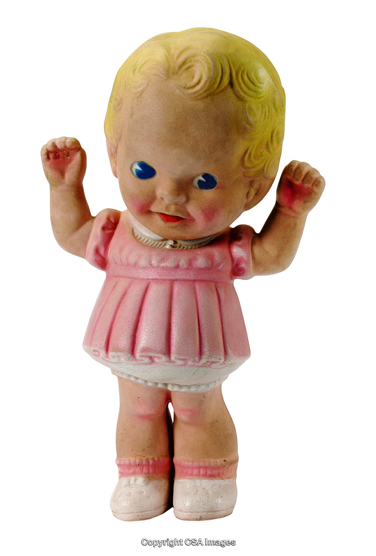 Vintage Plastic Doll Figure With Blond Hair and Pink Dress