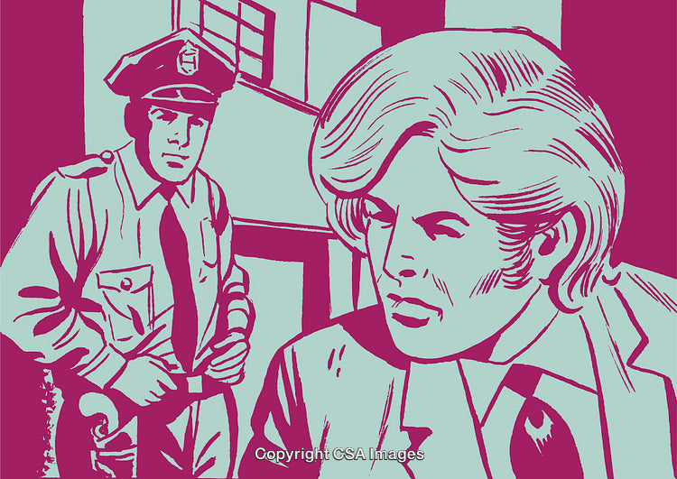 Retro Illustration Depicting a Police Officer and a Businessman Interaction