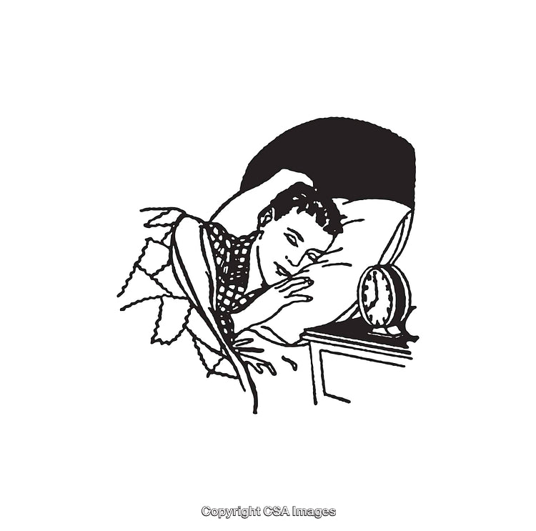 Black and White Line Art of a Sleeper with Alarm Clock