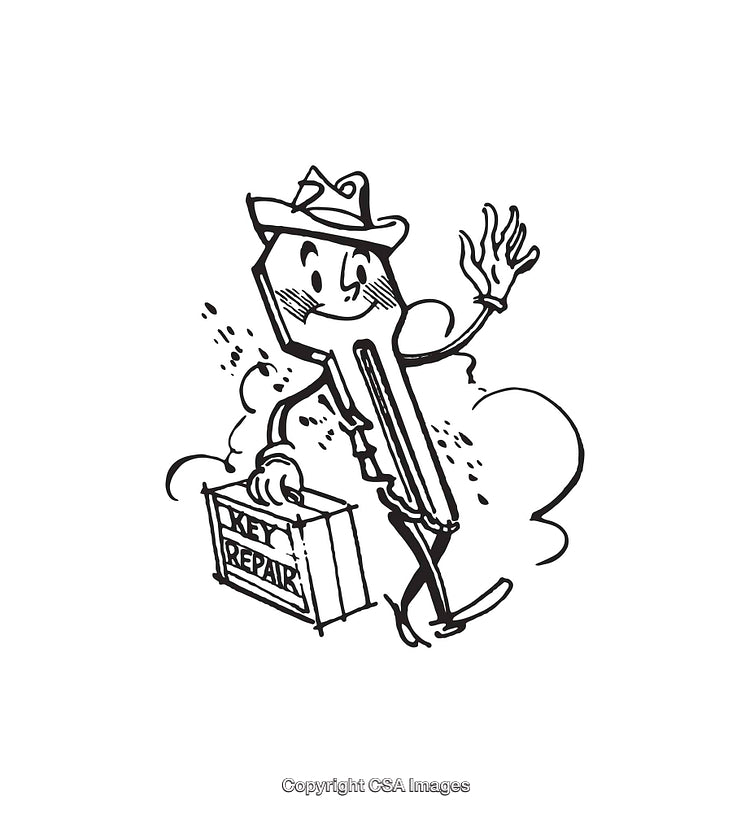 Hand-Drawn Cartoon Key Character with Key Repair Toolbox