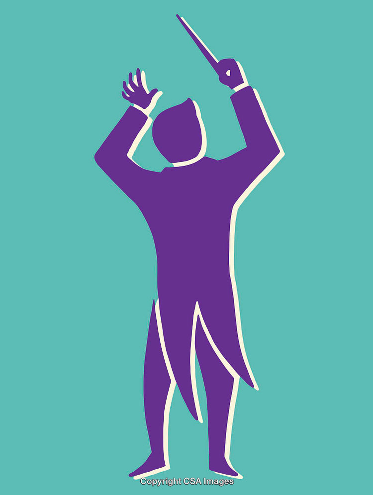 Purple Silhouette of a Conductor Holding Baton on a Teal Background