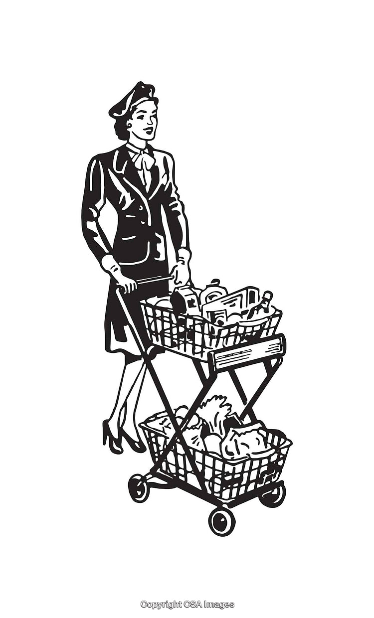 Retro Illustration of Stylish Woman Pushing Double-Tier Shopping Cart with Groceries