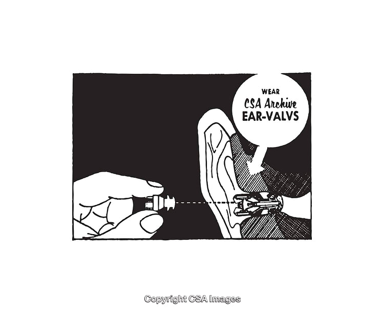 Illustrated Poster Promoting Ear Protection with Black and White Line Art