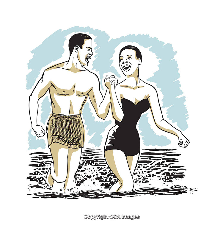 Illustrated Couple Joyfully Playing Together in the Beach Water
